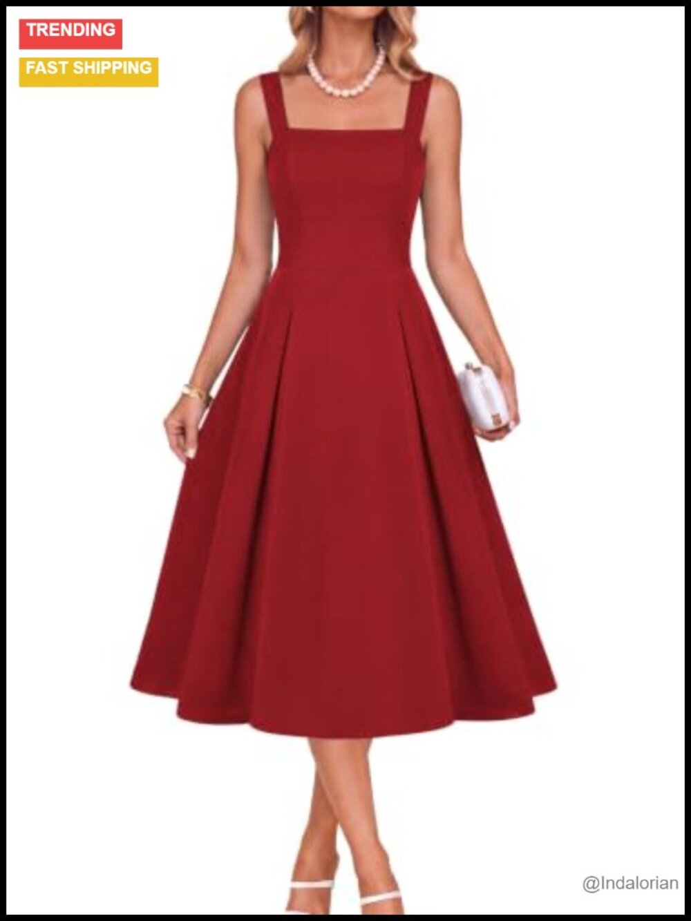 Midi Dress Square Neck Adjustable Straps Fit and Flare Pockets